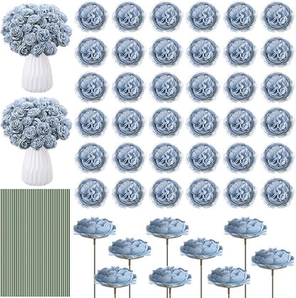 Thiccywoov 200 Pcs Flowers Long Stem Artificial Rose Bulk, 3.2 Inches Silk Rose Head Flowers Faux for Wedding Bridal Bouquet Independence Day Home Floral DIY Centerpieces Party Decoration(Dusty Blue)