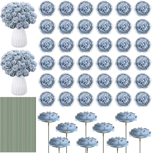 Thiccywoov 200 Pcs Flowers Long Stem Artificial Rose Bulk, 3.2 Inches Silk Rose Head Flowers Faux for Wedding Bridal Bouquet Independence Day Home Floral DIY Centerpieces Party Decoration(Dusty Blue)