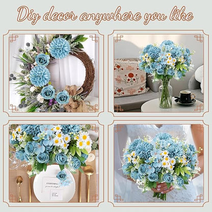 12 Bundles Artificial Flowers Blue Fake Rose Flower Mixed Chrysanthemum Hydrangea Flower Arrangements for DIY Wedding Table Centerpieces Party Baby Shower Home Decorations