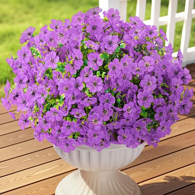 Lifewit Artificial Flowers for Outdoor Indoor, 12 Bundles Plastic Fake Flowers Daisy with Eucalyptus Leaves for Home Garden Decor, Porch, Window Box(Purple)
