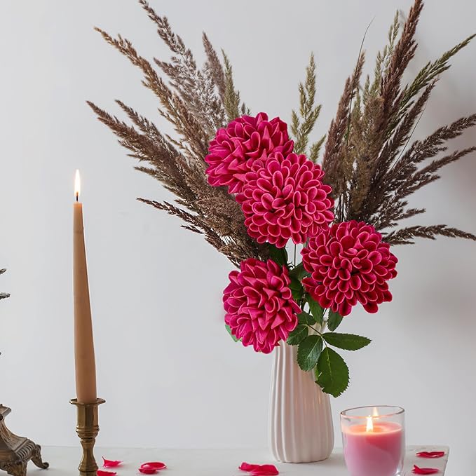 Artificial Flowers, 25pcs Artificial Rose for DIY Wedding Bouquets Centerpieces Arrangements, Hot Pink Dahlia Flowers with Stems for Bridal Shower Party Decoration