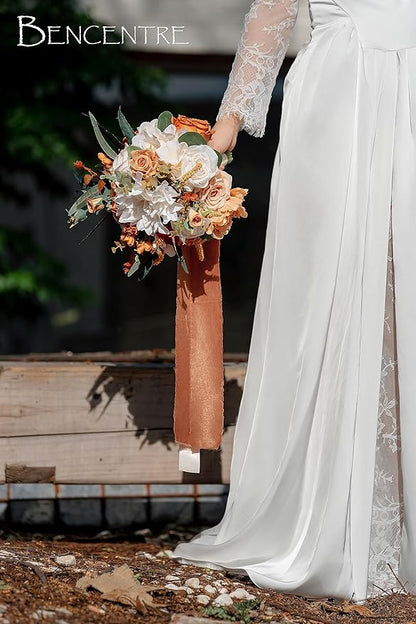10 Inch Burnt Orange Bridal Bouquet,Fall Wedding Bouquet,Bride Bouquets for Wedding Ceremony Anniversary, Party and French Rustic Vintage Wedding,Artificial Flowers