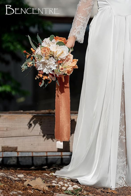 10 Inch Burnt Orange Bridal Bouquet,Fall Wedding Bouquet,Bride Bouquets for Wedding Ceremony Anniversary, Party and French Rustic Vintage Wedding,Artificial Flowers