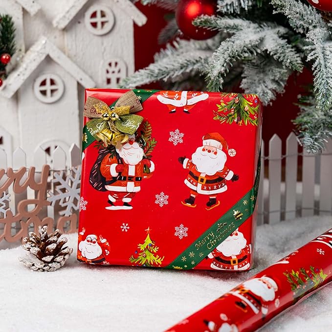 MAYPLUSS Red Christmas Wrapping Paper - 17 Inch X 33 Feet - Cute Santa Claus Christmas Tree Reversible Strip Gift Wrapping Paper, Metallic Foil Thick Gift Wrap Paper for Holiday Party New Year Kids