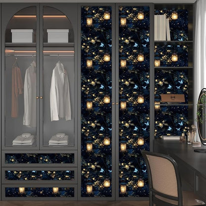 Dark Wallpaper Peel and Stick Night Forest Contact Paper Vintage Green Leaf Wall Paper Vinyl Waterproof Self Adhesive Retro Lantern Butterfly Walls Mural for Bedroom Cabinet Table Décor17.5" x 118"