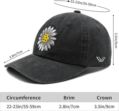 Waldeal Pickleball Hat for Women, Ajustable Embroidered Daisy Washed Denim Baseball Cap