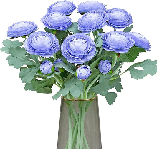 Artificial Ranunculus Flowers with Real Touch Stem, Silk Ranunculus Flowers (Blue, 10pcs)