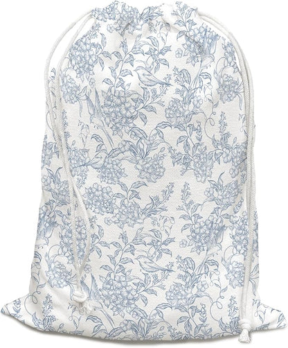DSHFG Light Blue Toile Chinoiserie Floral Birthday Drawstring Gift Wrap Bags, Chinoiserie Baby Shower Drawstring Gift Bags Canvas, Small Happy Birthday Bag, Gifts for Women, 10x13 Inch