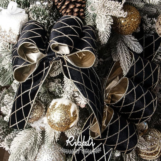 Ribbli Black Velvet Ribbon Wired with Glitter Diamond Grid 4 Inch Christmas Ribbon for Christmas Tree Decoration Big Bow Gift Wrapping Crafts Wreaths Garland Supplies - 10 Yards