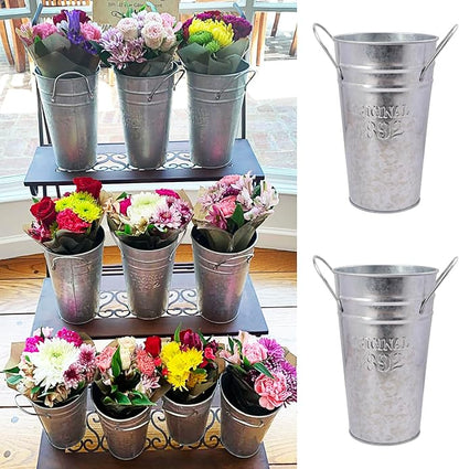 6 Packs 8 Inch Tall Galvanized Metal Flower Vases with Handles, Metal Flower Buckets for Cut Flowers, Country Wedding, Table Centerpiece Decorations(Sliver)