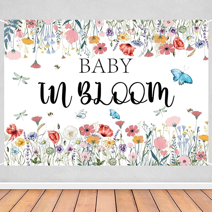 Baby in Bloom Backdrop 7x5ft, Floral Baby Shower Background for Girl, Spring Garden Theme Gender Reveal Party Decorations Banner, Wildflower Butterfly Baby Shower Photo Booth Photography