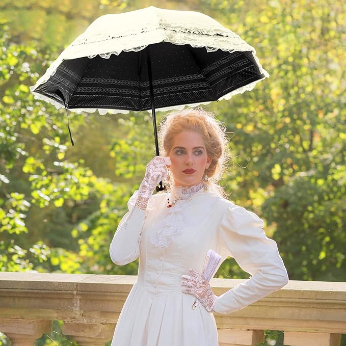 Princess Lace Parasol Folding Gothic Lolita Umbrella Lace Parasol Gloves Fan Set Flower Printed Lining for Cute UV Sun Protection Umbrella for Christmas Wedding Cosplay Photoshoot Decoration