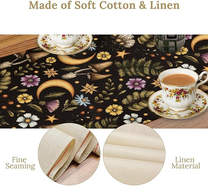 Vintage Mushroom Table Runner, Rustic Botanical Flowers Fern Moon Star Print Table Runner for Home Kitchen Dining Table Decoration Indoor Outdoor Party, 13x90inch