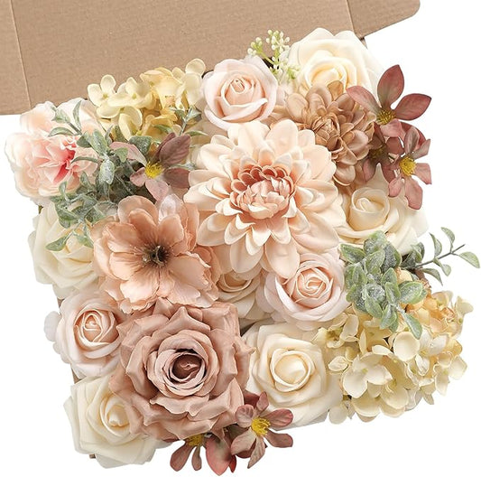 Nude Color Artificial Flowers Set - Fake Roses, Peonies, Dahlia, Silk Flowers with Stems for DIY Wedding Bouquets,Floral Arrangement,Table Centerpieces,Baby Shower, Home Decor