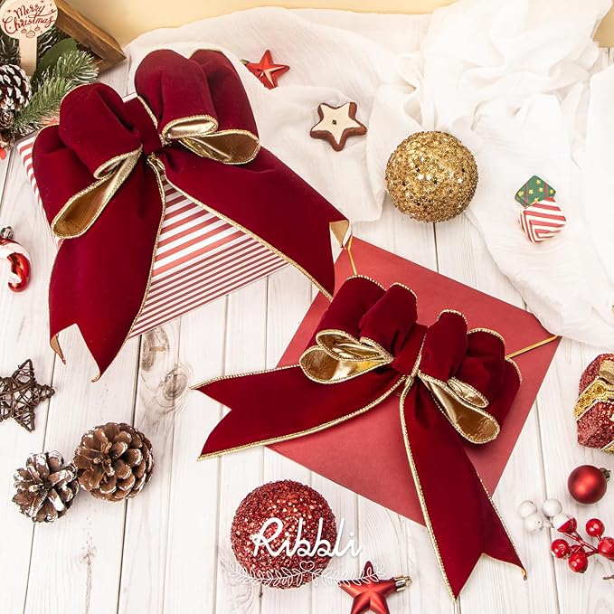 Ribbli Dark Red Velvet Wired Ribbon 2.5 Inch Luxury Matte Velvet Christmas Ribbon for Gift Wrapping Christmas Tree Decoration Crafts Wreaths Supplies - 10 Yards
