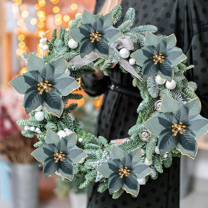 WILLBOND 24 Pcs 3 Size Poinsettia Flower Artificial Christmas Decor Glitter Poinsettia Christmas Ornaments Faux Flowers for Xmas Tree Outdoor(3.2/4/6 Inches,Black Green)