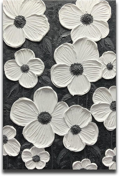 moshinart 30 x 45in Hand-Painted Oil Painting 3D Texture Black White Grey Modern Minimalist Black Abstract Wall Art, Home Office Wall Decoration Petal