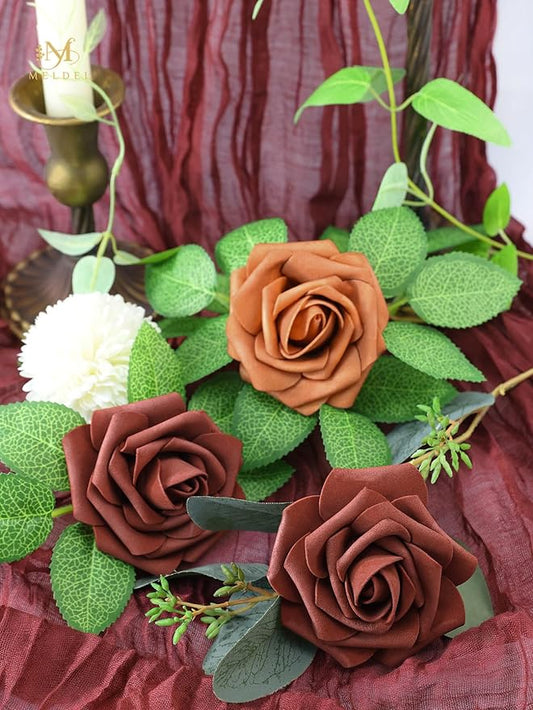 Meldel Artificial Flower 25pcs Real Touch Amber Fake Foam Roses with Stems for DIY Wedding Bouquets Gifts Bridal Shower Faux Floral Centerpieces Arrangements Home Party Tables Decorations