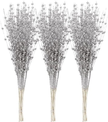 Sea Team 24-Pack Artificial Glitter Berry Stem Ornaments, Decorative Bead Sticks, Glittery Twigs, Picks, Branches for Christmas Tree, Small Vase, Holiday, Wedding, Party (17 Inches, Silver)