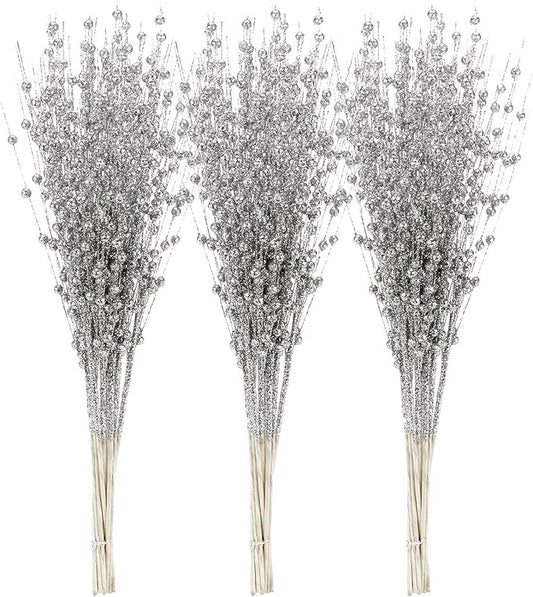 Sea Team 24-Pack Artificial Glitter Berry Stem Ornaments, Decorative Bead Sticks, Glittery Twigs, Picks, Branches for Christmas Tree, Small Vase, Holiday, Wedding, Party (17 Inches, Silver)