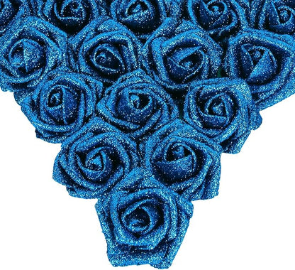 IPOPU Fake Roses,25PCS Blue Roses Glitter Roses Artificial Roses with Stems for Cake Wedding Bouquet Home Party Decoration(Blue)