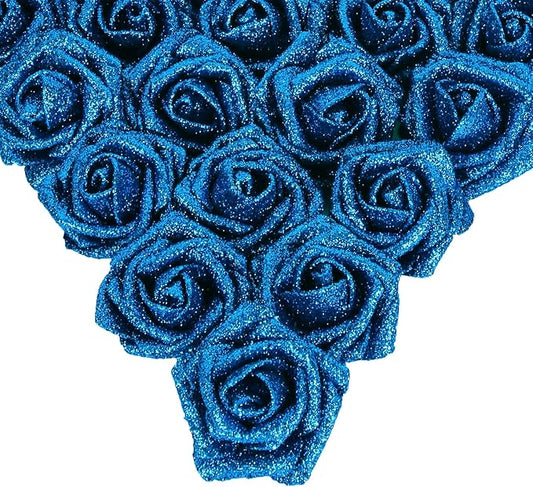IPOPU Fake Roses,25PCS Blue Roses Glitter Roses Artificial Roses with Stems for Cake Wedding Bouquet Home Party Decoration(Blue)