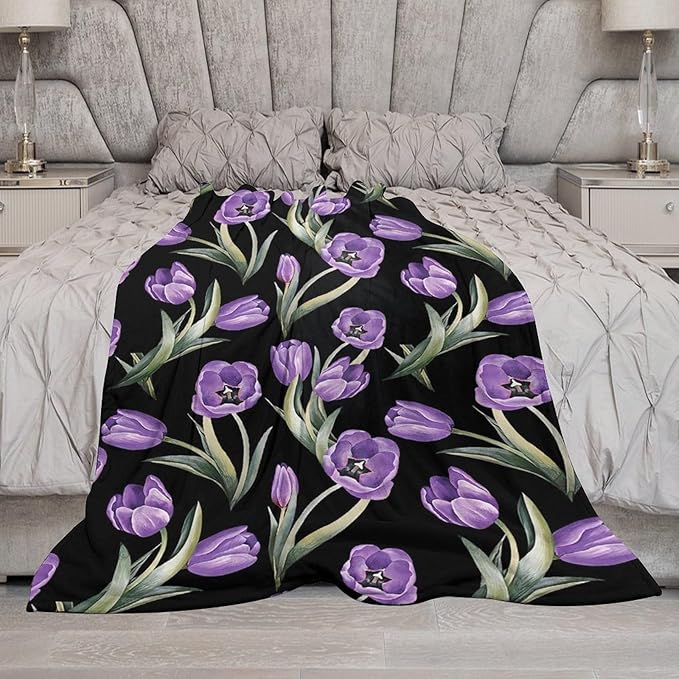 Purple Tulip Blanket Flower Gifts for Girls Women Tulip Floral Throw Blanket for Kids Adults Soft Warm Cozy Fleece Blanket for Couch Sofa Bed 50"x60"