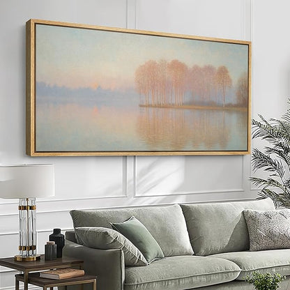 SIGNFORD Extra Large Framed Canvas Print Wall Art Sunrise Over Autumn Trees and Lake Soft Pastel Nature Illustrations Modern Art Relax/Calm Warm for Living Room, Bedroom, Office - 60"x30"