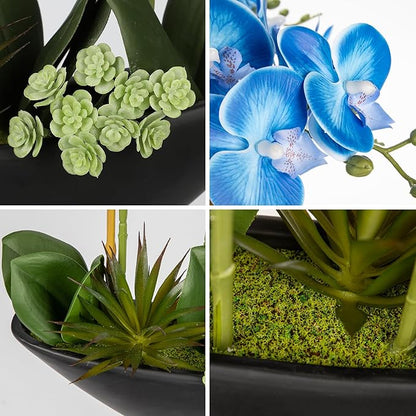 Briful Blue Orchid Fake Flowers 17in Artificial Orchid Silk Flowers in Black Pot Faux Orchid Arrangement for Home Office Bathroom Table Shelf Modern Decoration