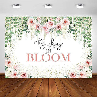Avezano Baby in Bloom Backdrop Sage Green Leaves with Pink Flowers Baby Shower Party Decorations Baby Girl's Greenery Floral Nature Theme Photography Background Cake Table Banner (10x7ft(120x84in))