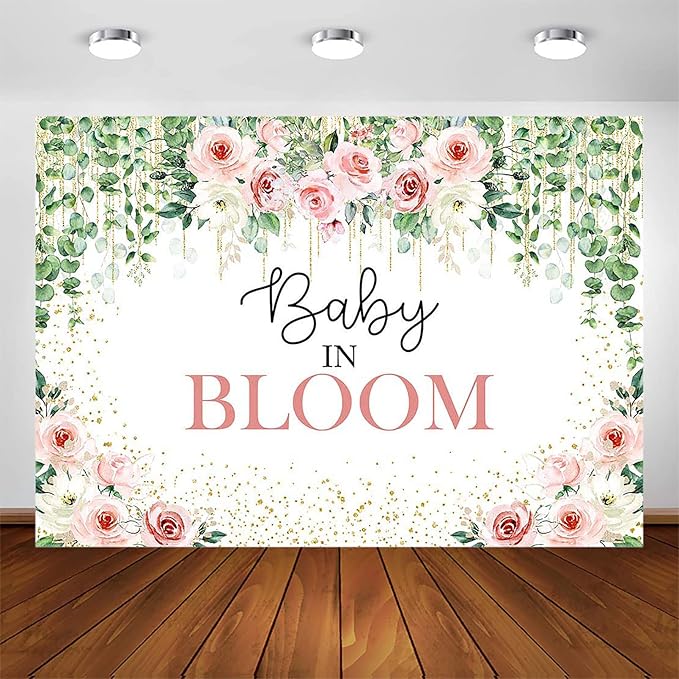 Avezano Baby in Bloom Backdrop Sage Green Leaves with Pink Flowers Baby Shower Party Decorations Baby Girl's Greenery Floral Nature Theme Photography Background Cake Table Banner (7x5ft(84x60in))
