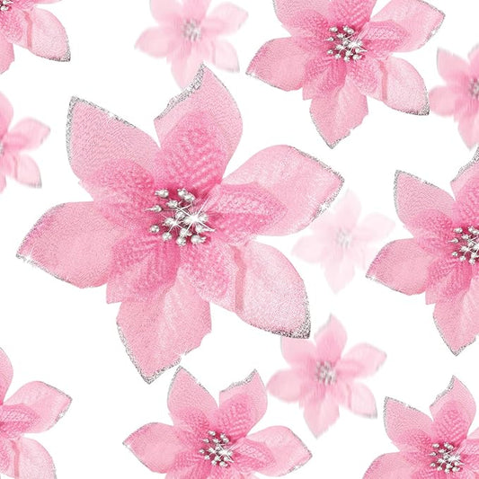 WILLBOND 24 Pcs 3 Size Poinsettia Flower Artificial Christmas Decor Glitter Poinsettia Christmas Ornaments Faux Flowers for Xmas Tree Outdoor(4/6/7.9 Inches,Pink)