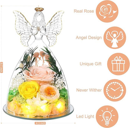 Christmas Rose Gifts for Women Preserved Real Flower in Glass Angel Figurines Roses for Delivery Prime Birthday Gifts for Mom Grandma Girlfriend Wife Her, Champagne Austin Roses