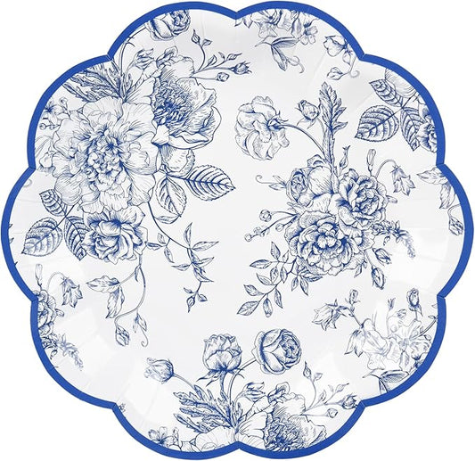 Blue Floral Party Plates - Vintage Leaf Disposable Paper Plates, Wildflower Toile 7" Scalloped Rim Dessert Plates for Christmas, Birthday, Bridal Tea Party Supplies (24 Count)