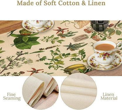 Vintage Botanical Table Runner Rustic Wildflower Plants Herbs Retro Boho Wild Floral Ferns Green Leaf Spring Summer Seasonal Dinner Runner for Home Kitchen Cabin Holiday Party Decor 13x108in