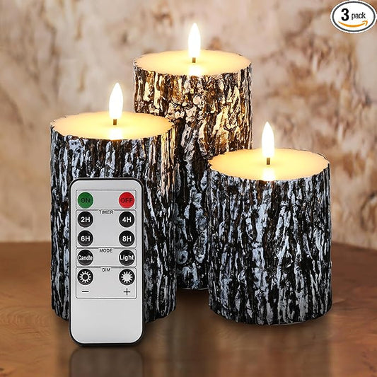 Eywamage Bark Flameless Pillar Candles with Remote, Farmhouse Wood LED Candles Battery Operated Flickering Christmas Decor Set of 3