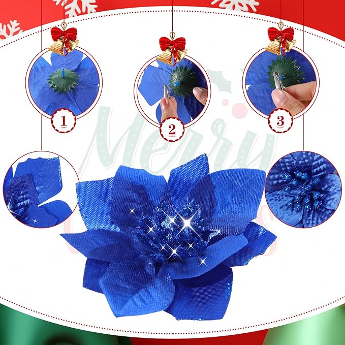 WILLBOND 24 Pcs 3 Size Poinsettia Flower Artificial Christmas Decor Glitter Poinsettia Christmas Ornaments Faux Flowers for Xmas Tree Outdoor(4/6/7.9 Inches,Royal Blue)