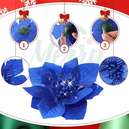 WILLBOND 24 Pcs 3 Size Poinsettia Flower Artificial Christmas Decor Glitter Poinsettia Christmas Ornaments Faux Flowers for Xmas Tree Outdoor(4/6/7.9 Inches,Royal Blue)