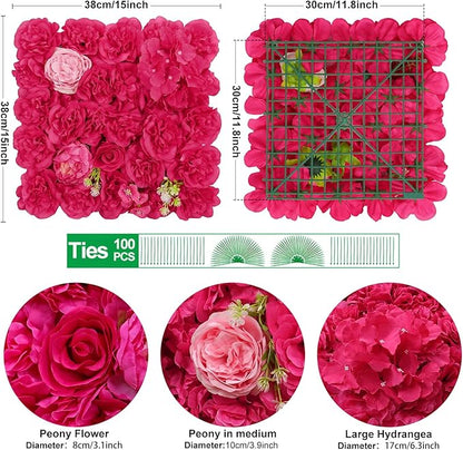 Silk Flowers Wall Rose Red-12Pack Artificial Floral Wall Panels Faux Hydrangea Peony Flower Panels for Wedding Party Event Thanksgiving Decor Photography Home Decor