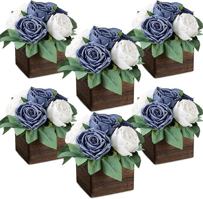 Dining Table Centerpiece Set of 6 - Pre-Made Aritifial Rose with Wooden Vase Fake Floral Arrangment Faux Flower for Wedding Bridal Tea Party Event Decorations - Navy Blue & White