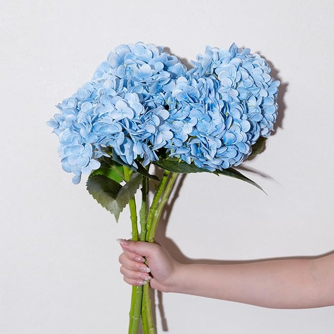 WILD WORKS 4Pcs Light Blue Hydrangea Artificial Flower Natural Lifelike Real 21 inch Long Stem Hydrangea Latex Flower Bouquets for for Christmas Decor Home Party Outdoor Wedding Decoration