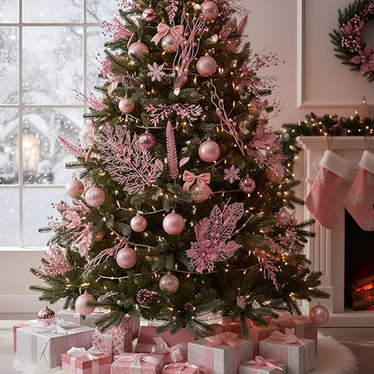 30 Pcs Artificial Christmas Tree Picks and Sprays Glitter Berry Stem Branches Holly Floral Picks Twigs Christmas Tree Ornaments for DIY Xmas Wreath Vase Filler Decorations(Pink)