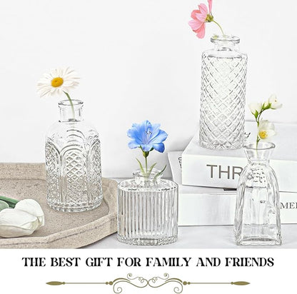 Set of 12 Glass Bud Vase Set, Small Vintage Clear Flower Vase Centerpieces for Table Bulk Cute Rustic Style Mini Vase for Home Decor Wedding Baby Shower Birthday Party