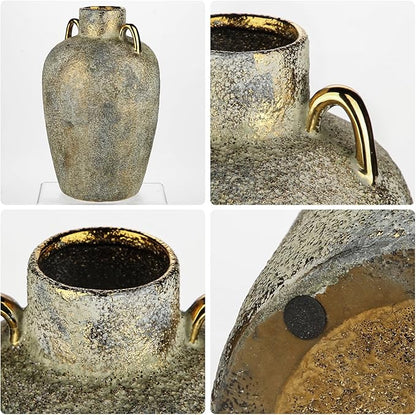 Large Ceramic Vase, 11.2" Tall Rustic Farmhouse Vase, Vintage Flower Vase with 2 Ears, Electroplated Terracotta Boho Vases for Home, Living Room, Shelf, Mantel, Entryway, Wedding, Tabletop Decor