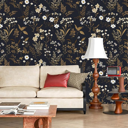 Dark Floral Wallpaper Peel and Stick 17.5in x 118in Navy Gold Leaf Wallpaper Vinyl Waterproof Self-Adhesive Boho Dark Blue Botanical Wall Paper Mural for Bookcase Bedroom Cabinet Decor