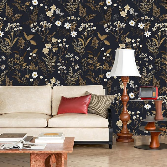 Dark Floral Wallpaper Peel and Stick 17.5in x 118in Navy Gold Leaf Wallpaper Vinyl Waterproof Self-Adhesive Boho Dark Blue Botanical Wall Paper Mural for Bookcase Bedroom Cabinet Decor