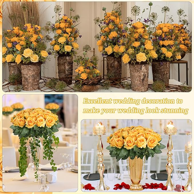 30pcs Fake Roses Artificial Silk Flowers Long Stems Bouquet for Wedding Bridal Shower Party Home Decoration (Gradient Yellow)