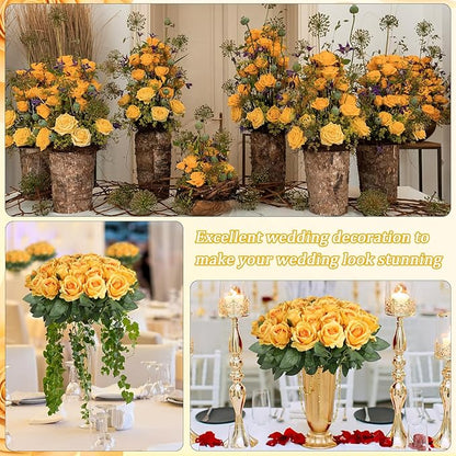 30pcs Fake Roses Artificial Silk Flowers Long Stems Bouquet for Wedding Bridal Shower Party Home Decoration (Gradient Yellow)