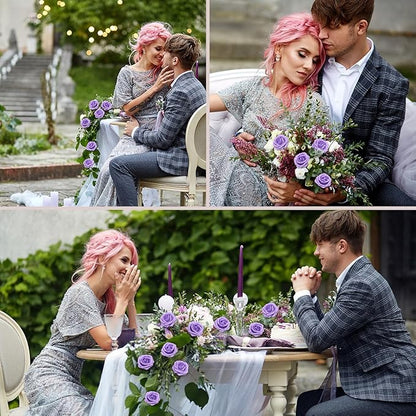 200PCS Purple Artificial Flowers Roses Real Looking Foam Fake Roses with Leaves for DIY Wedding Bouquets Bridal Shower Party Decorations (Purple, 200)