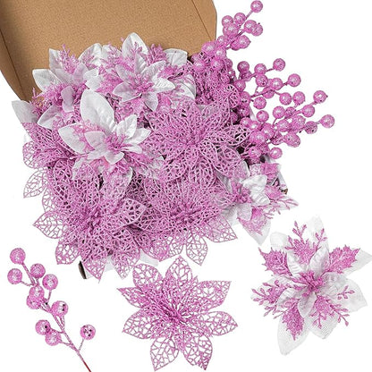 24Pcs Christmas Poinsettia Artificial Flowers and Glitter Berries Kit, 2 Styles Total 16Pcs Christmas Tree Flowers Ornaments, 8Pcs Christmas Tree Picks for Wedding Holiday Decorations, Pink
